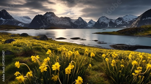 Spring field of yellow buttercup flowers with storm aproaching over distant mountains, Myrland, Flakstadøy, Lofoten Islands, Norway