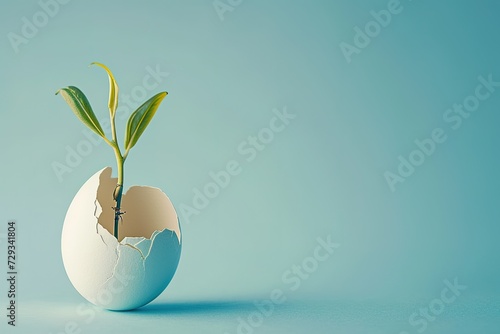 New life emerging from cracked blue eggshell on blue background with text space