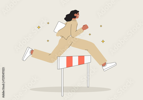 Character overcome obstacles to succeed in her work concept. Obstacles or motivation to solve problem and lead company achievement, businesswoman jump over hurdle race obstacle vector illustration.