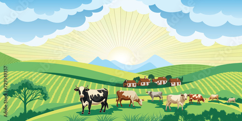 View of spring landscape, countryside and village, cows grazing in a green meadow, vector illustration