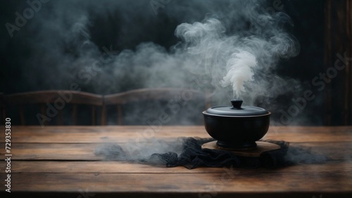 Fog In Black Smoke And Mist On Wooden Table background
