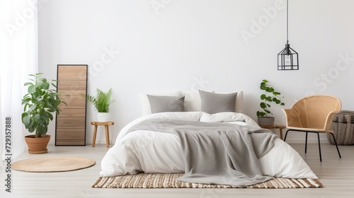 Cushions with blanket arranged on comfortable bed against white walls in contemporary bedroom at home