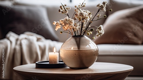 Home interior decor in gray and brown colors: glass jar with dried flowers, vase and candle on the wooden tray on the coffee table over sofa with cushions. Living room decoration