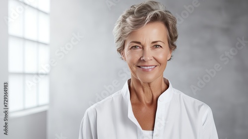 Smiling mature female physician with hands in pockets standing against wall with shadow