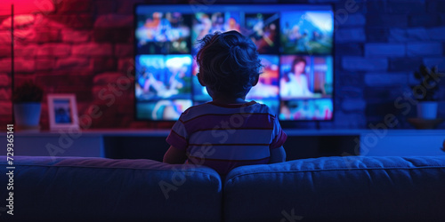 Sedentary lifestyle. Addiction to technology gadgets and media concept. Back of young kid elementary school child watching tv screen select channel what to watch when staying at home