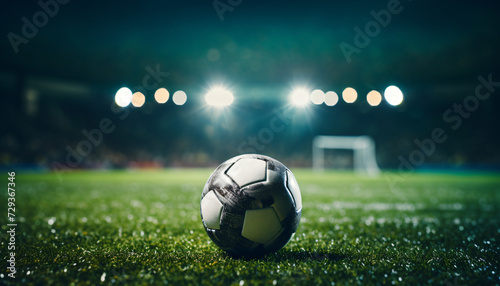 Football or soccer ball lying on the playing field in a large stadium. Arena stands with spectators and spotlights in background. Copy Space, text space, Soccer event invitation, banner
