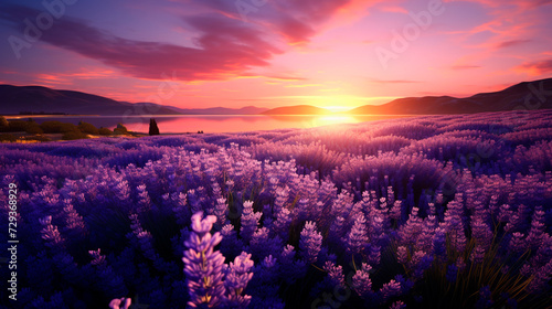 a field of lavenders with a sunset in the background