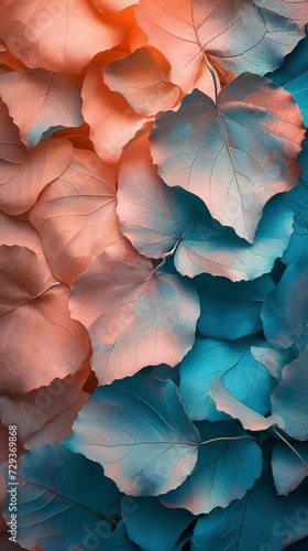 Tranquil Harmony: Detailed close-up of sycamore and birch leaves blending in peach and teal.