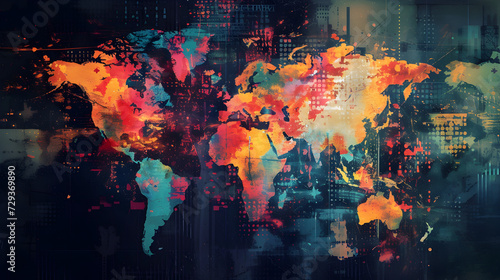 abstract colorful background with the pulse of global communication with an abstract map artwork.