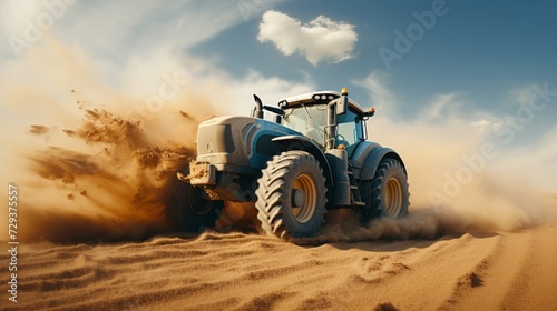 Hand sowing seeds in vast field with warm cinematic lighting and blurred tractor in background