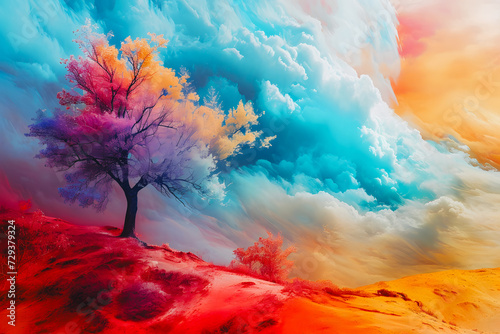 Paysage avec arbre solitaire et ciel nuageux , couleur de l'ar en ciel