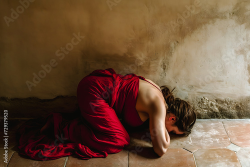Femme en robe rouge prostrée sur le sol
