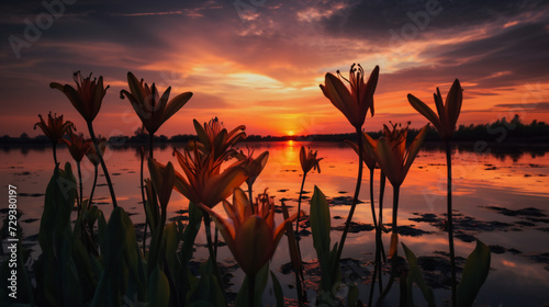 lily blooms against the vibrant hues of a sunset sky