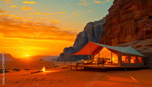  Luxury Desert Glamping in Jordan. Igloo tents in sunset landscape..Warm sunset lighting on a luxury desert dome resort.Igloo hotel