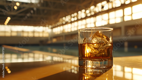Cinematic wide angle photograph of two whisky glasses at an olympic gymnasthics stadium. Product photography.