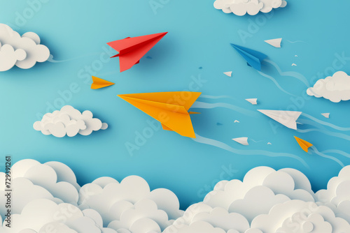  3d flying yellow red and blue paper airplanes in the sky with hand drawn clouds. 