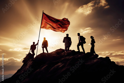 group of business leaders on a mountaintop with flags. Concept of success in business