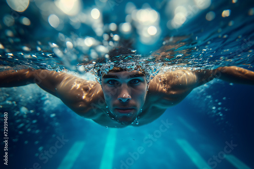 Underwater portrait of a young man swimming underwater