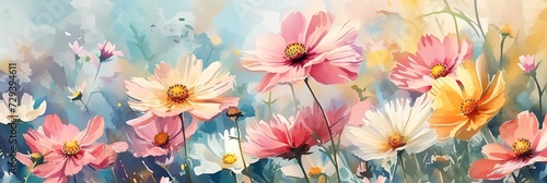 Horizontal floral watercolor art banner, background, splash screen, header. Summer and spring illustration