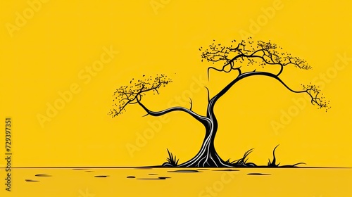 A tree, yellow background,in the style of animated gifs, minimalist pen drawings, sparse and simple,in the style of minimalist cartooning