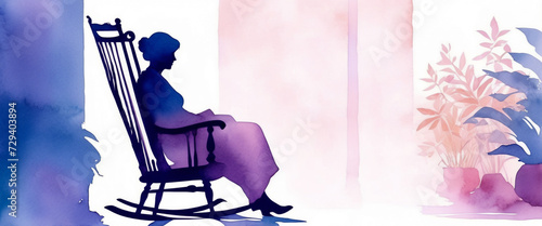 Purple silhouette of an older woman sitting in a rocking chair. Viewed from the side. Isolated on white background. Illustration in watercolor style.