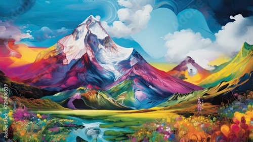 Conjure an abstract mountainous landscape, a fusion born from the minds of various visionary artists. Picture the undulating peaks and valleys inspired by the surrealist touches of Salvador DalÃ­, whe