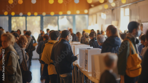 Overcrowded polling station with voters lining up to cast their ballots, emphasizing the importance of civic duty and the power of the democratic process in action, against a bustling background