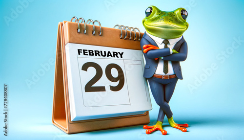 Frog in Suit with Leap Year Calendar. Leap Year Concept.