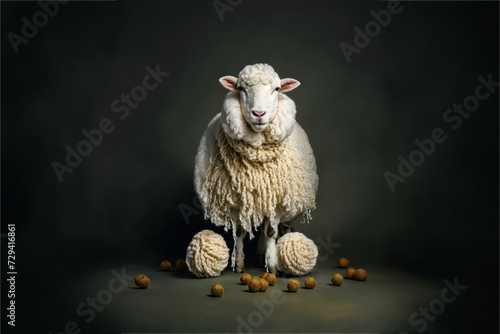 Un mouton avec de la laine tressée sur lui et des pelote à ses pieds - generative AI