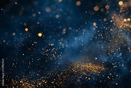 Elegant abstract background with deep navy blue and shimmering gold particles. festive holiday concept with glittering gold dust on a dark background Ideal for christmas or luxury event backdrops