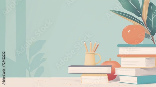 "Illustration of School Books, Apples, and Plants on Table: Pastel Colors, Space for Copy Text