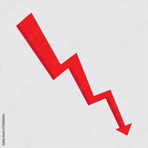 Red arrow going down stock icon on white background. Bankruptcy, financial market crash icon for your web site design, logo, app, UI. graph chart downtrend symbol. Red arrow pointing down.