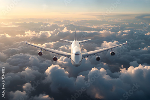 Traveling ad. A plane above the clouds. Tourism. Blue sky, white clouds and boeing plane