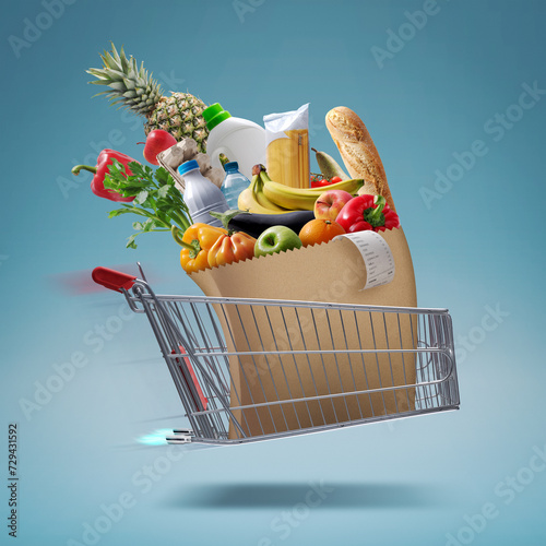 Fast flying shopping cart delivering groceries