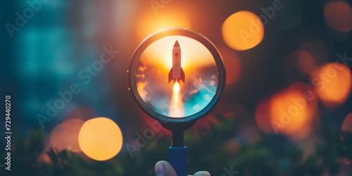 Concept Of Success In Business Startup With A Magnifying Glass On Rocket Launch. Сoncept Business Startup Success, Magnifying Glass, Rocket Launch, Achieving Goals