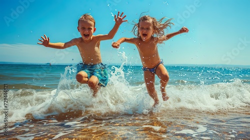 happy little boy and girl running and jumping in sea water on beach, ai generative