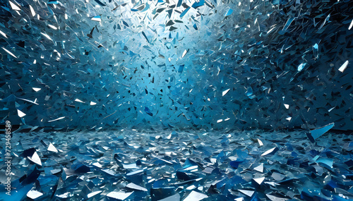 Blue broken and shattered glass background. Ai generated.