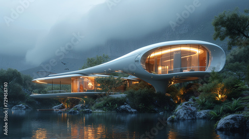 A futuristic, cantilevered structure overlooking a valley, its metallic sheen complemented by strategically placed LED lights that illuminate the house at night. 
