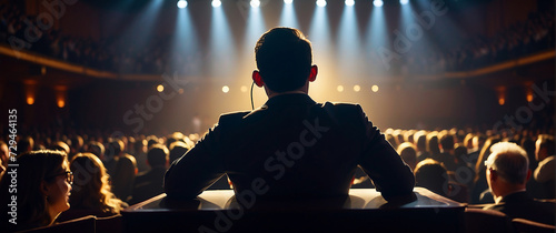 The audience watches in awe as the speaker's silhouette is illuminated by the bright stage lights, their back turned as they deliver a passionate speech