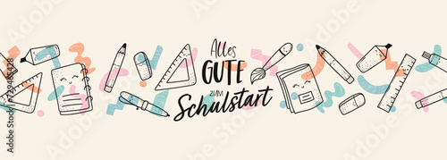 Cute hand drawn back to school pattern with text in German "school starts soon", lovely school supplies, great for banners, wallpapers, wrapping - vector design