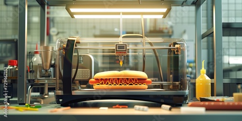 Technology for 3D printing a hot-dog on a printer. Modern technologies for printing products for human life. Alternative cuisine.