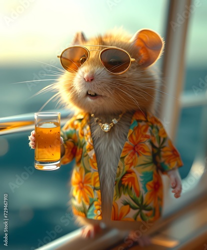 Photorealistic cute hamster on expensive yacht in a deep ocean