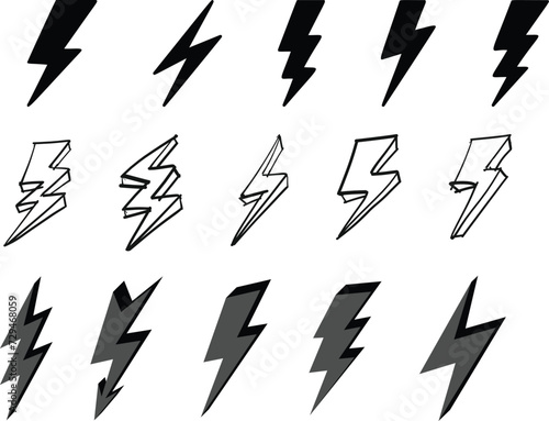 Creative vector illustration of thunder and bolt lightning flash icon set isolated on transparent background, art design electric thunderbolt, abstract concept graphic dangerous symbol icon element