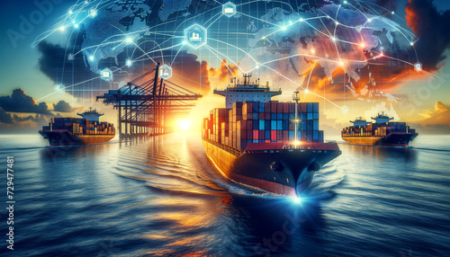 Cargo ships with containers at sea at sunset,with a digital global trade network overlay,signifying logistics,shipping,and international commerce.Logistics solutions in the future concept.AI generated