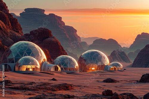 Group of domed structures in desert setting with some appearing to be half-buried in sand.
