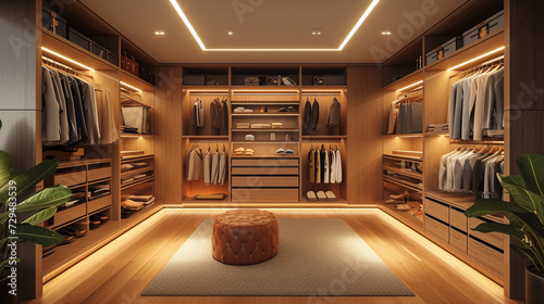 A clean and organized walk-in closet with a minimalist wardrobe, clever storage solutions, and impeccable lighting. 