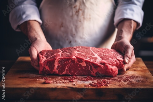 A butcher in a stained white apron firmly holds a substantial raw beef cut with pronounced marbling, ready for portioning on a wooden board