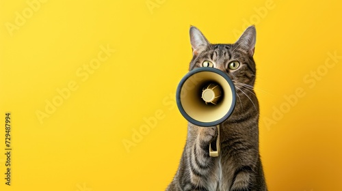Cat holding megaphone. Art concept design. Minimal advertising background.Generative AI