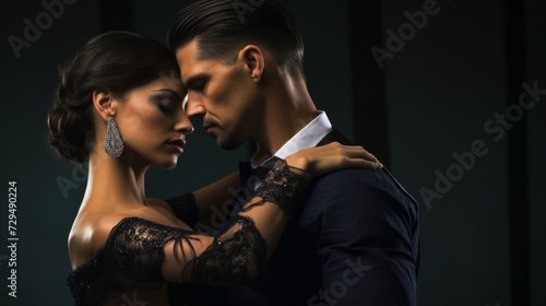 A close-up portrait of two tango dancers in an intimate embrace