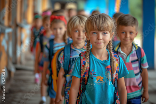 A group of first graders go to enrollment on their first day at school. Education and start into a new future. Wallpaper and poster for news articles. 